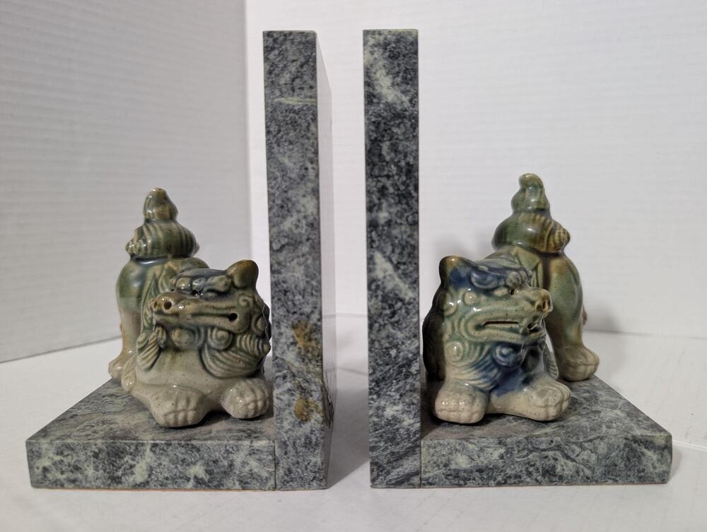 Vintage Glazed Ceramic Foo Dog Bookends Green Granite Base Pair